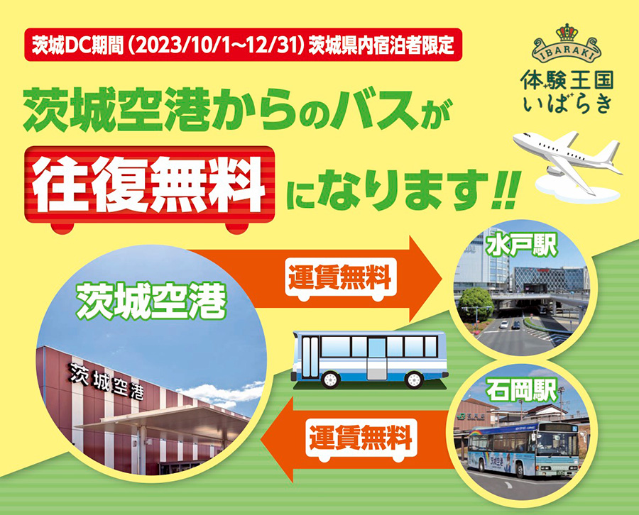 茨城県内にご宿泊の方は、茨城空港からのバスが往復無料に